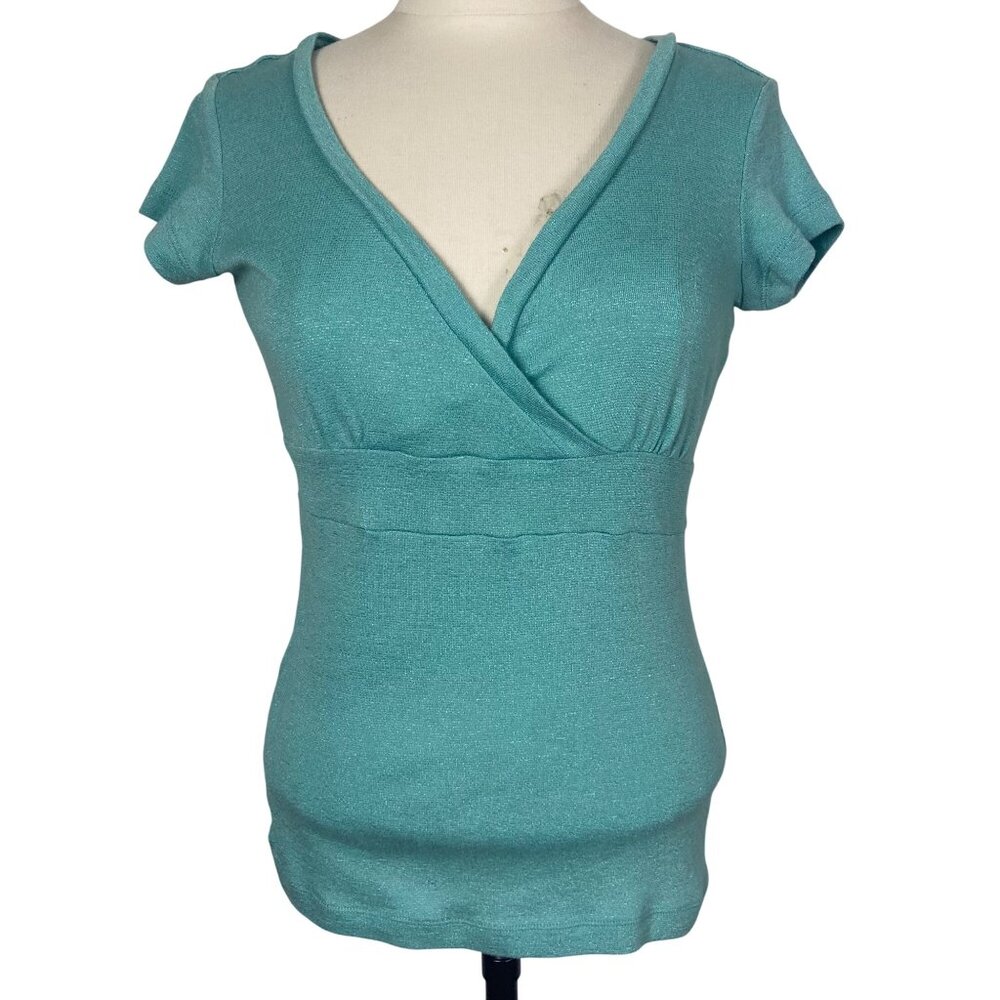 Vintage Y2K Dressbarn Sparkly Teal Faux Wrap Knit Top Small Babydoll Fairy